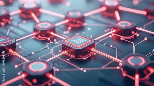 Futuristic circuit board with glowing connections and microchips, representing digital networks.
