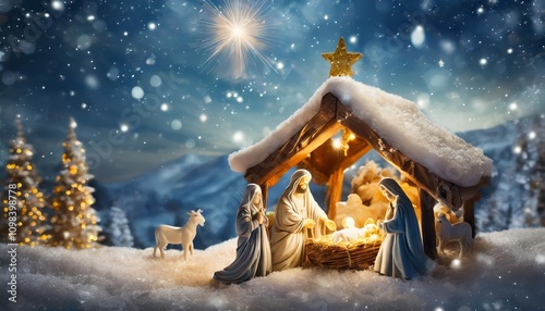 Nativity Scene Christmas Background - Traditional Christmas Nativity Depicting Mary, Joseph, Baby Jesus, Manger, Starry Sky, and Wisemen in Warm Festive Colors Perfect for Holiday Themes photo