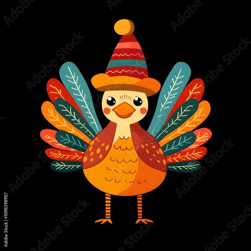 Cute cartoon animal illustration of a happy turkey wearing a red hat with a flower photo