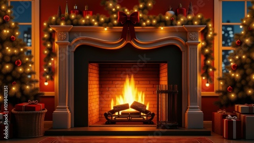 Traditional fireplace with an ornate mantel decorated with glowing garlands and a warm fire