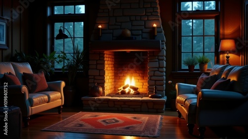 Rustic brick fireplace with glowing fire, soft lighting, and cozy seating in a warm living room