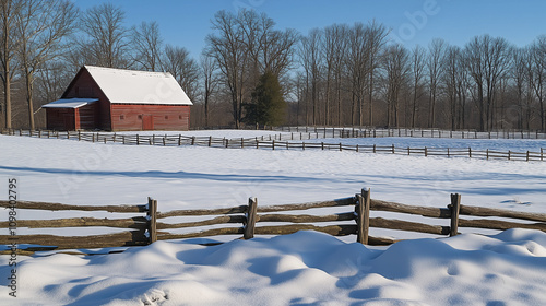 American rural landscape in winter, vast white snow covered fields with old wooden fences, a typical red barn standing in the middle, Ai generated images photo