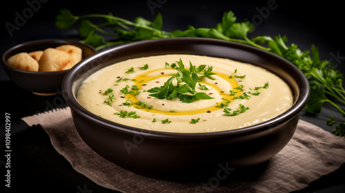 A bowl of creamy white root vegetable   soup garnished with fresh parsley in a dark, bowl, drizzled with a swirl of olive oil served with small, golden rolls and fresh herbs on dark background.
