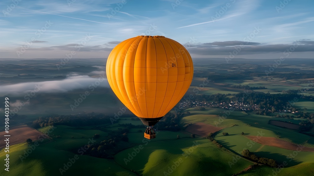 Fototapeta premium Peaceful hot air balloon drifting over a picturesque countryside panorama with lush green rolling hills a quaint village nestled in the distance and wispy clouds dappling the bright blue sky