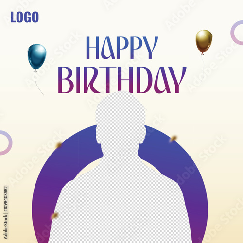 Happy birthday card with realistic balloon and photo frame