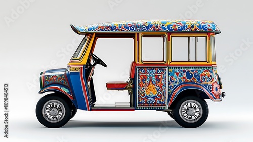 A tuk tuk car with decorative patterns on its side panels, positioned against a plain white background photo