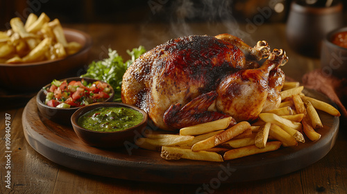 a whole Pollo a la Brasa (Peruvian rotisserie chicken) perfectly roasted with sides of crispy fries and fresh salad, steam rising from the juicy chicken, and a bowl of spicy green ají sauce