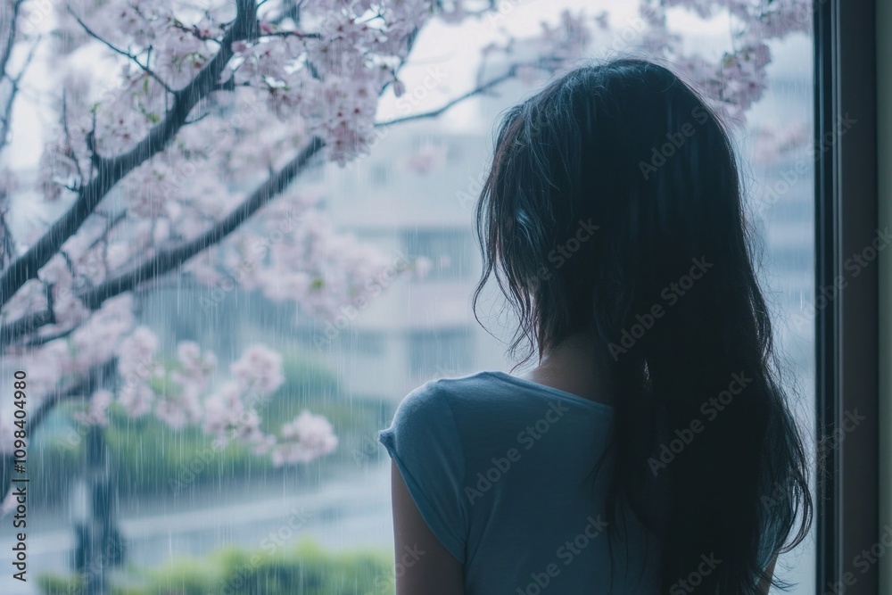 Gazing through the rainy window while cherry blossoms sway gently outside in a soothing urban retreat