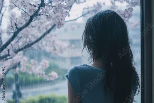 Obraz na płótnie Gazing through the rainy window while cherry blossoms sway gently outside in a soothing urban retreat w salonie
