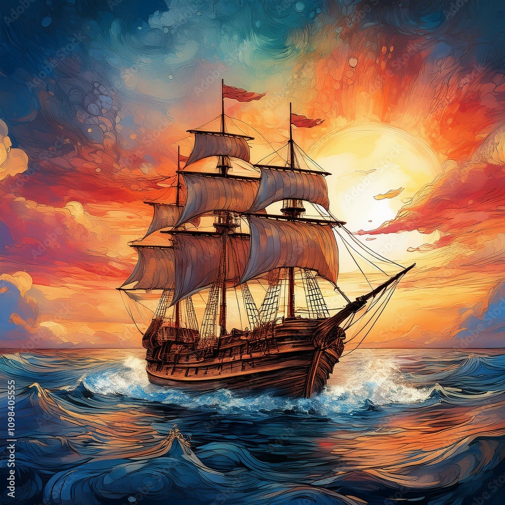 Obraz premium Dramatic sunset tones immersed fantasy image of an antiquated ship sailing through the sea., watercolor drawing color painting design