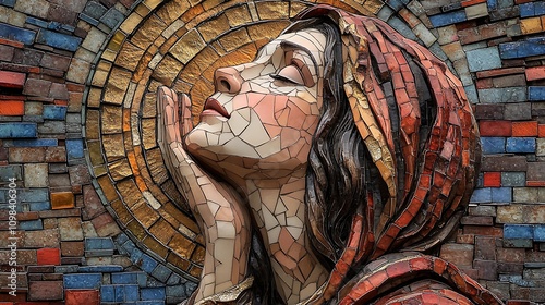 Detailed mosaic of Saint Teresa experiencing a vision of Christ, her face illuminated by divine light, intricate golden halo around Christ, celestial blue and gold colors creating a serene, photo