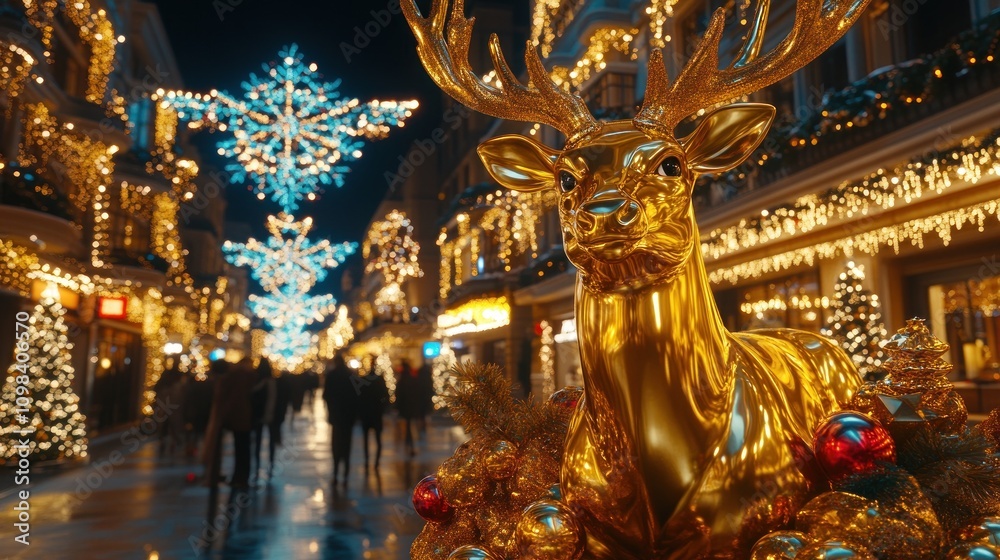 Obraz premium Golden reindeer statue in a festive Christmas street.