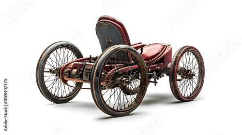 A rear view of a tricycle with a large back wheel and pedal system, isolated on white photo