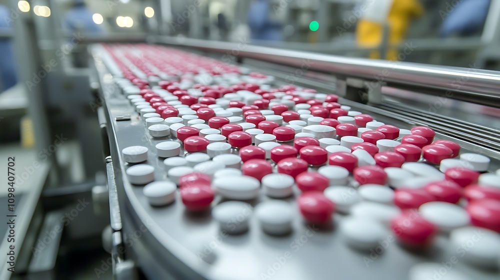 Obraz premium A conveyor belt carrying red and white caps, showing the process of sorting the caps.