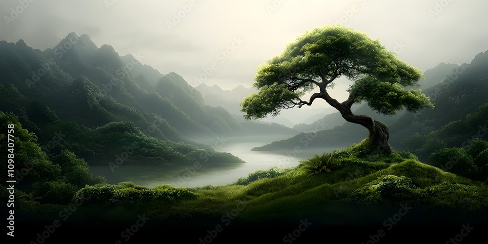 Obraz premium Serene Surreal Landscape with Towering Ancient Trees and Shimmering Crystalline Lake Verdant rolling hills and valleys blanketed in lush meadows exotic alien flora in brilliant hues