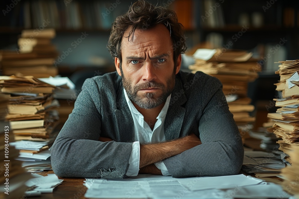 Fototapeta premium A scowling employee sits at his desk, frowning, arms crossed. Generative AI