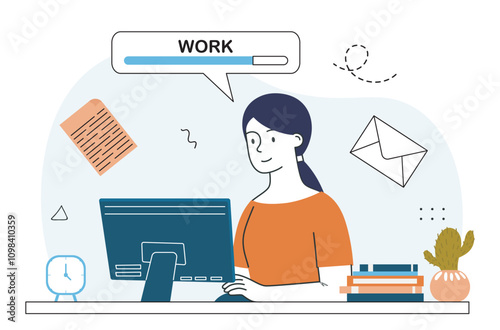 Woman with work process. Young girl with computer in office. Manager and orker, employee and clerk. Productivity and inspiration. Linear vector illustration
