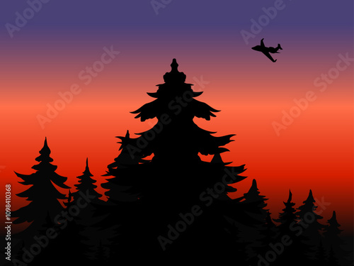 An airplane flies over the sunset forest background nature design
