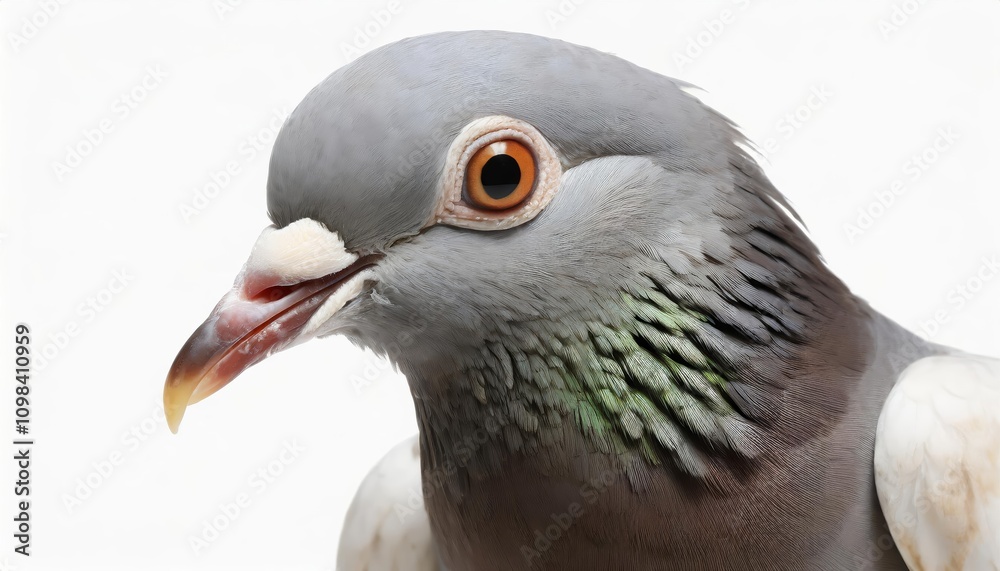Obraz premium Elegant pigeon isolated on a pristine white background, showcasing intricate feather details, subtle gray tones, and a calm demeanor, ideal for design projects, educational use, or wildlife