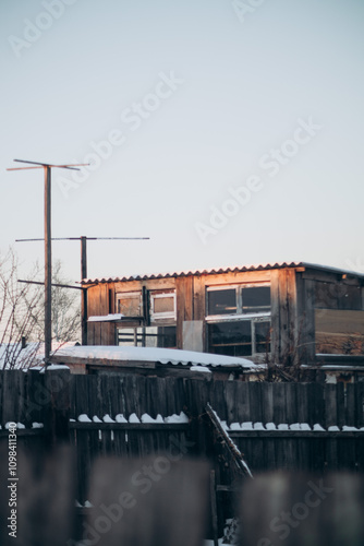 Snowy streets and buildings in the town