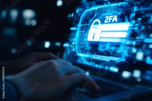 Cybersecurity and Privacy Protection Concept. Two-factor authentication (2FA) displayed on a laptop screen, highlighting enhanced security and data protection
