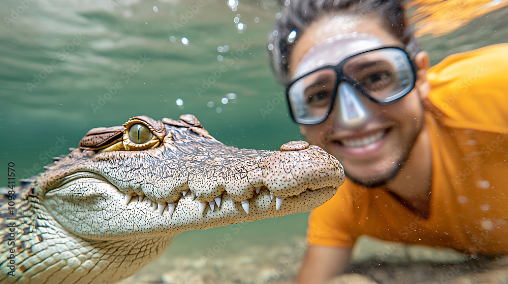 Obraz premium The experience of crocodile diving in the river is a thrilling adventure that allows you to get up close and personal with these powerful creatures as you observe their natural behavior and agile move