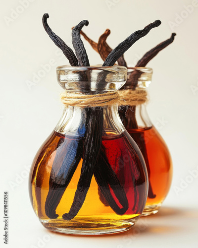 Two glass bottles filled with vanilla pods and rich, amber-colored vanilla extract twined with rustic rope ideal for culinary blogs, food magazines, or advertisements for baking ingredients,