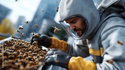 A focused beekeeper in protective gear inspects a hive amid a bustling city background, showcasing the diligence and skill involved in urban beekeeping practices. photo