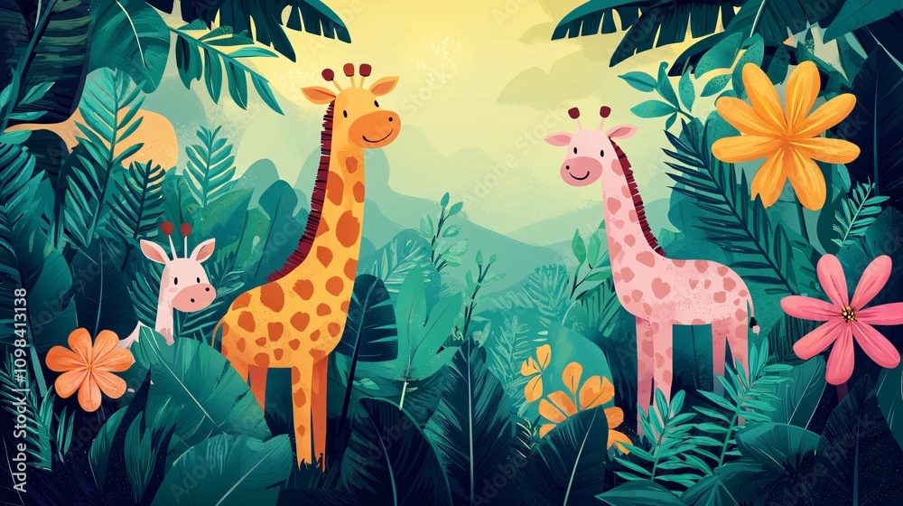 Obraz premium Vibrant colors during daylight hours. A vibrant illustration of two giraffes, one spotted and one pink, alongside a cute animal in a lush, colorful jungle setting.