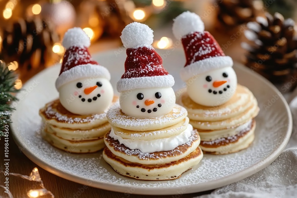 Fototapeta premium A plate of fluffy pancakes decorated to look like snowmen