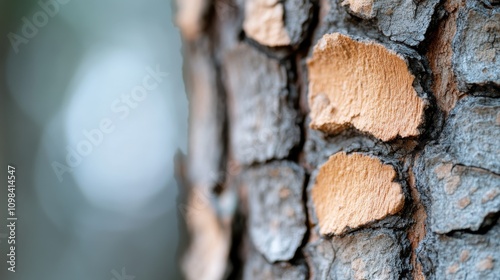 Close-up of tree bark showing layers beneath a cracked surface, emphasizing the rich textures and tonal variations that define the essence of natural wood patterns. photo