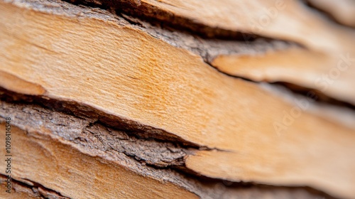 A close view emphasizing the natural hues of orange visible in tree bark layers, showcasing a beautiful abstraction of wooden textures along the tree's surface. photo