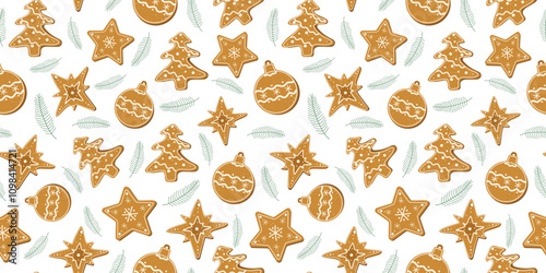 Seamless pattern with gingerbread figures and fir branches. Christmas baking with icing pattern. Stars, fir tree, Christmas ball. Traditional cookies, festive dessert. Repeating background.