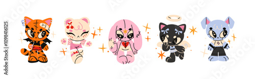 Y2k cartoon mascots animals characters in the retro 2000s style. Cyber ​​pets cats robots with stars for 90s design. Collection vector doodle futuristic objects