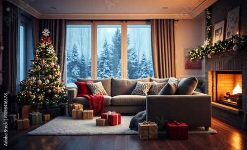 cozy living room, Christmas tree, fireplace, snowy landscape outside, large windows, warm interior lighting, festive decorations, presents, holiday ambiance, plush sofa, curtains, hardwood floor, wint photo