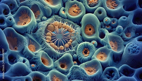 Intricate and colorful microscopic view of cellular structures, showcasing the complexity and beauty of biological forms photo