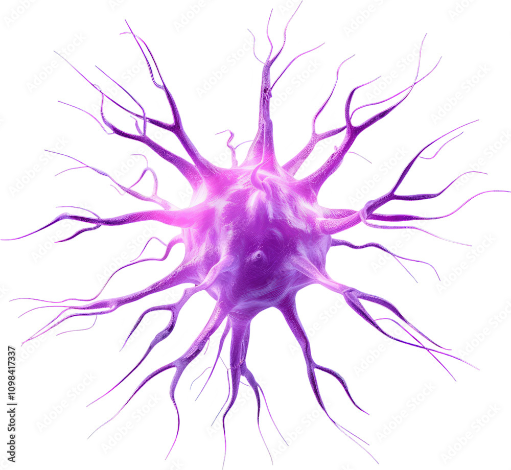 Obraz premium A vibrant purple cell with numerous extending filaments, representing a complex biological structure.