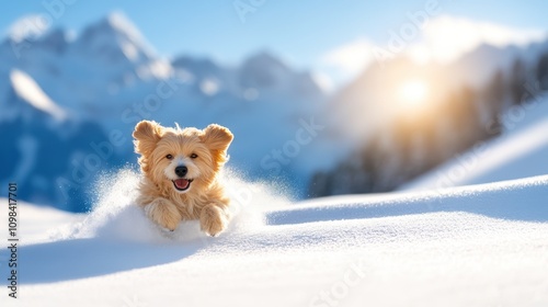 A golden dog sprints through fresh snow with joy, set against majestic mountains, reflecting exhilaration, bliss, and the awe of untouched natural landscapes. photo