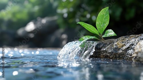 A small stream gently trickles over a moss-covered rock, surrounded by bright green leaves and a lush forest background, creating a peaceful natural scene. photo