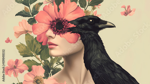 Woman and crow: a surreal floral portrait. Surrealism. Illustration photo