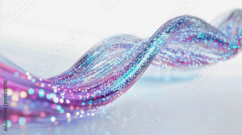 A single fiber optic cable with colorful light beams transmitting data through its transparent core, appearing futuristic and precise. 