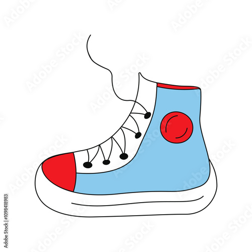 Sneakers vector. Illustration. Red and blue textile sneakers with a rubber toe and loose lacing. Hand drawn, textile print with .Shoes of modern on white background. Red sneakers. Sports accessory.