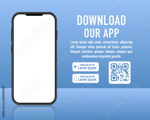 Download this app advertising banner. Smartphone with a blank screen for applications. App for mobile phone. Phone mockup template for your QR code digital technology app. Vector illustration