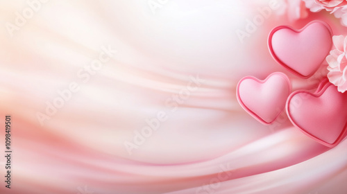 A serene background featuring soft pink hues, flowing patterns, and three heart shapes, creating a romantic and gentle atmosphere.