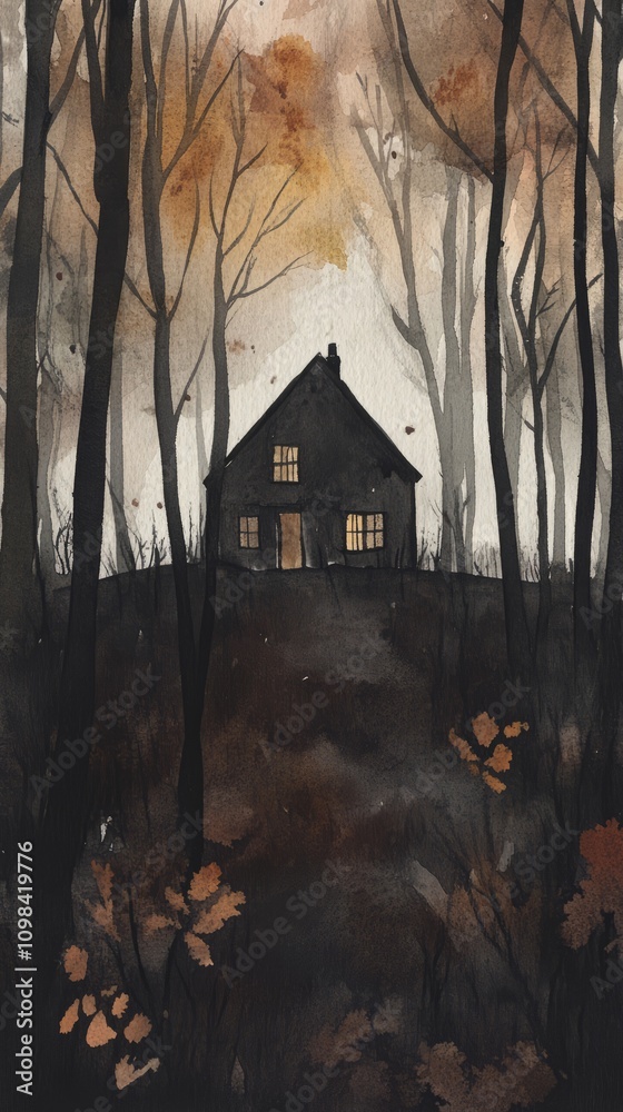 Fototapeta premium A serene autumn forest with a cozy cabin glowing warmly, surrounded by tall trees and falling leaves, creating a mystical and enchanting atmosphere.