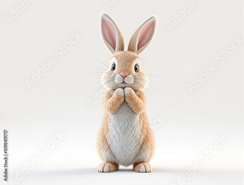 A rabbit stands on its hind legs with its front paws held together in a playful gesture, cute critter., humorous image, cartoon character