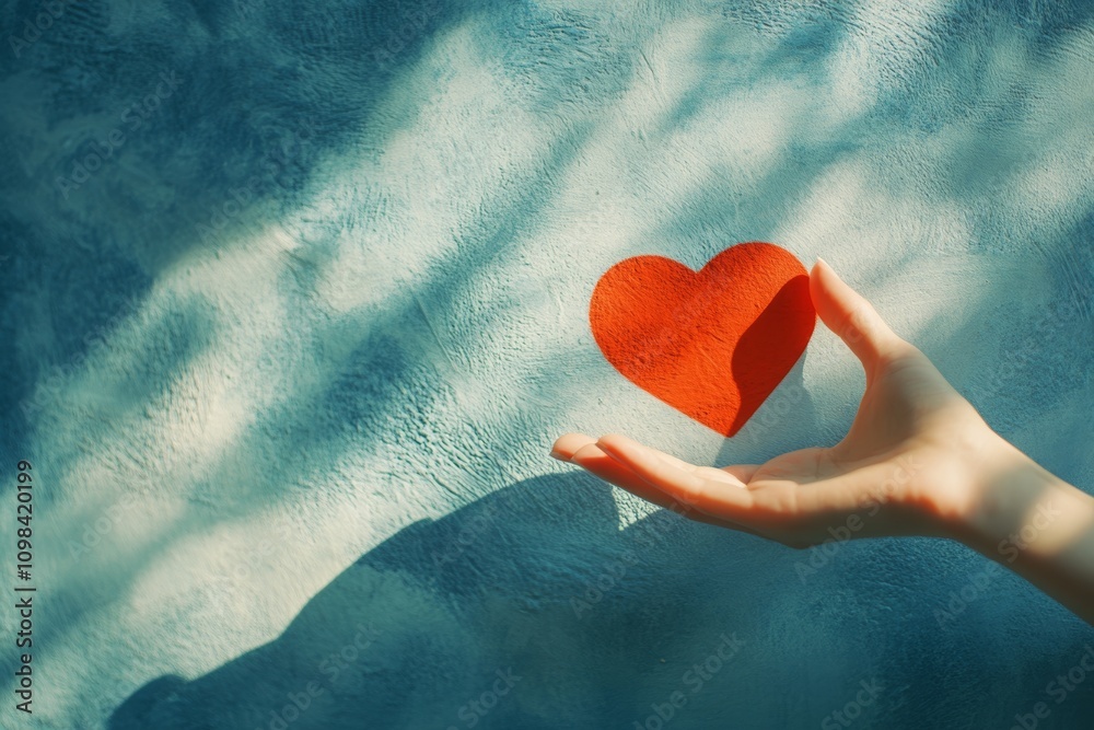 Fototapeta premium a hand touching a red heart on blue wall. Valentine or love concept