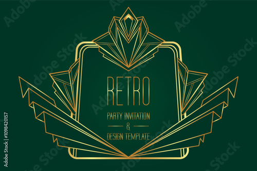 Art Deco vintage gold patterns over dark green, frames and design elements. Retro party geometric background set 1920s style. Vector illustration for glamour party, thematic wedding or textile prints.