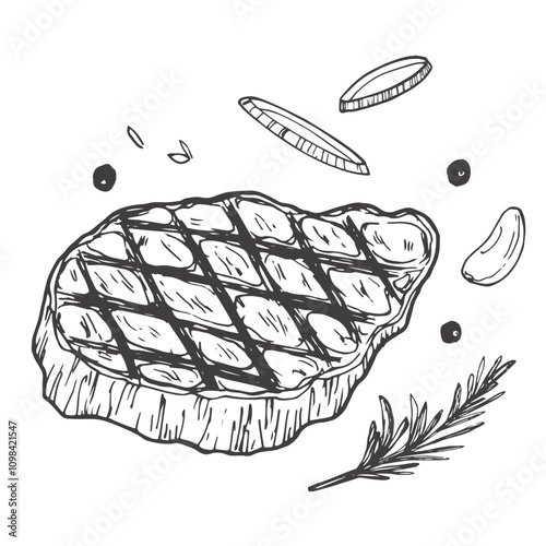 Hand drawn sketch ribeye steak. Isolated vector food illustration on white background