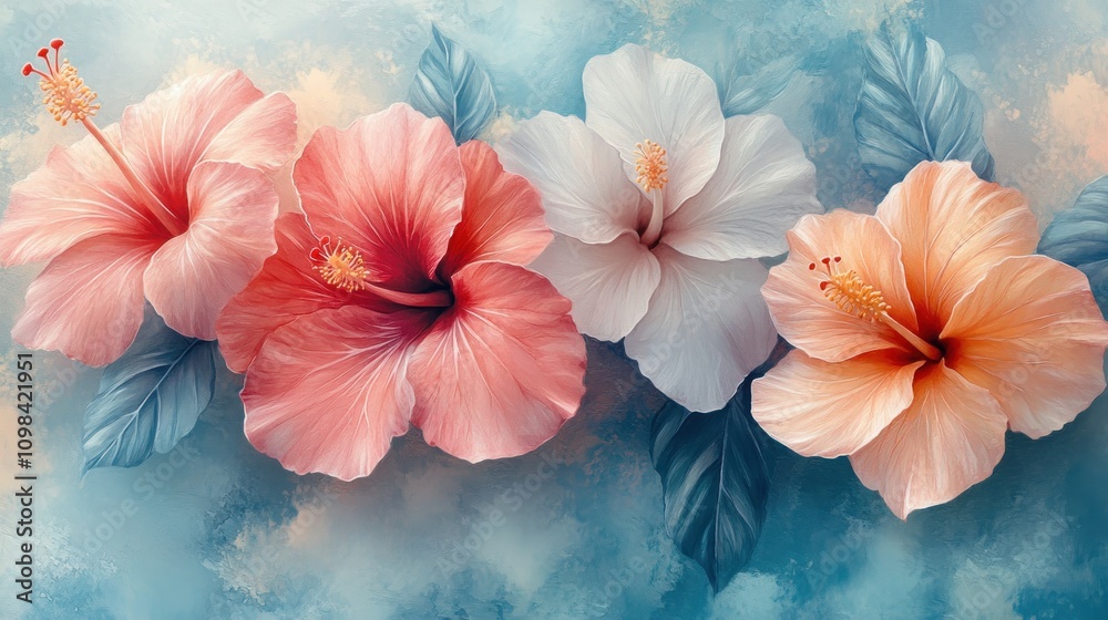 custom made wallpaper toronto digitalPastel Hibiscus Flowers Artistic Floral Painting